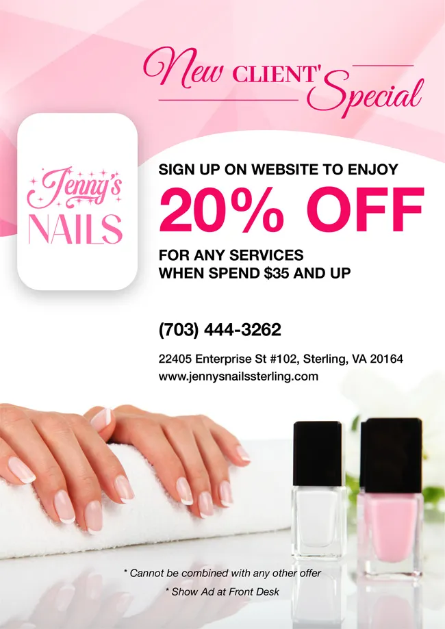 Promotions JENNY S NAILS Of Sterling VA 20164 Manicure Pedicure